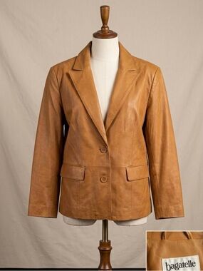 Vintage Retro Bagatelle Classic Tan 100% Leather Lined Short Blazer Size 14